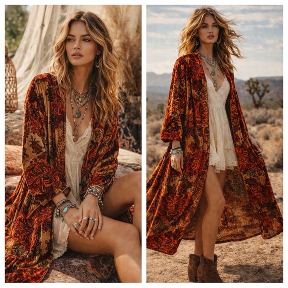 Free People Jackets & Blazers - Free People Mirabella Velvet Printed Duster | Boho Festival Kimono Statement M/L